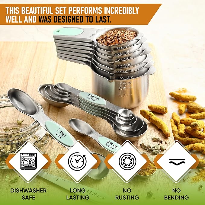 Spring Chef Magnetic Measuring Cups & Spoons Set of 15, Mint | Stackable - Image 2