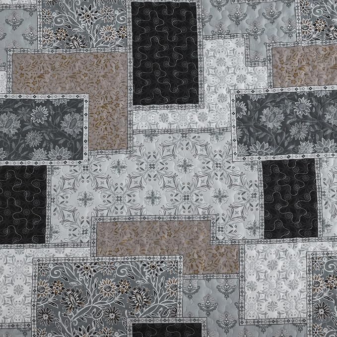 Xruibed Grey Quilt Set Queen Size 3 Pieces Plaid Floral Boho Bedspread Coverlet - Image 6