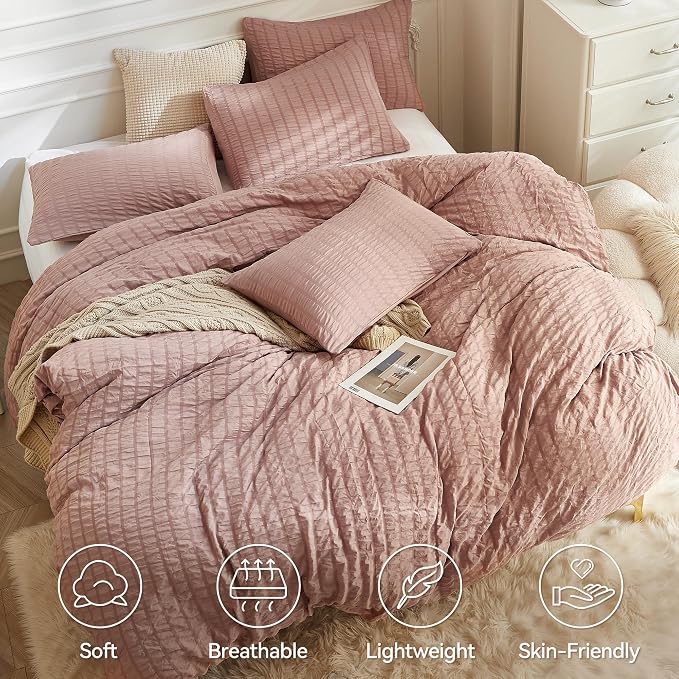 JELLYMONI Smokey Pink Duvet Cover King Size, Soft Breathable Seersucker Duvet - Image 2