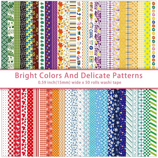 emmoolife 50 Rolls Washi Tape Set, 15mm Wide Rainbow Colored Tape Aesthetic - Image 2