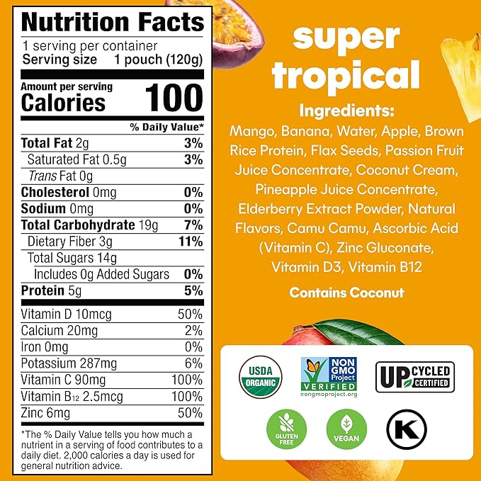 Noka Superfood Fruit Smoothie Pouches, Super Tropical with Immune Support, Healthy Snacks with Elderberry, Vitamin C, Flax Seed and Plant Protein, Vegan, Gluten Free, Organic Fruit Squeeze Pouch, 4.22 oz, 6 Count