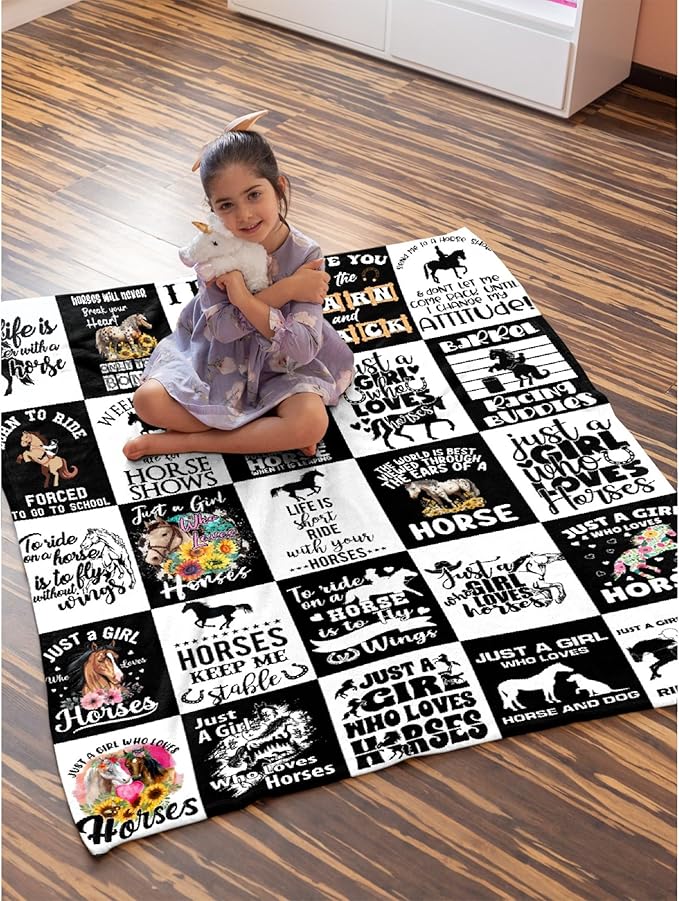 Horse Blanket for Boys Girls, Black White Kids Throw Blanket Gift for Child, Fluffy Cozy Soft Lightweight Blankets for Bed Office, 40x50 Inches