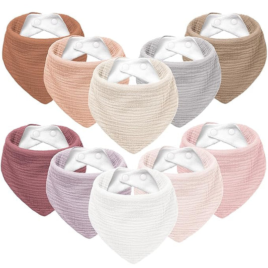 Susurration Muslin Baby Bibs 10Pack Baby Bandana Drool Bibs Soft Adjustable Newborn Bibs for Unisex Baby Girls & Boys (Rosabrun)