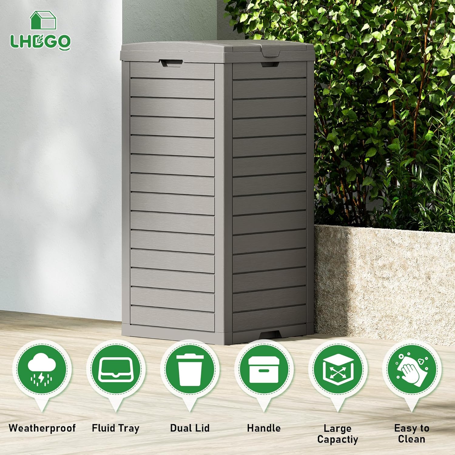 Outdoor Trash Can, 2 Set of 31 Gallon Garbage Can with Tiered Lid and Drip Tray, Waterproof Resin Patio Waste Bin for Garden, Backyard, Deck