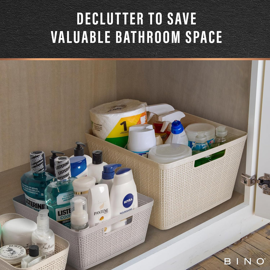 BINO | Woven Plastic Basket | Small (Natural Grey), 4-Pack | THE JUTE COLLECTION | Home Organization, Space - Saving Storage, Stylish Design | Jute Basket | Plastic Storage Basket