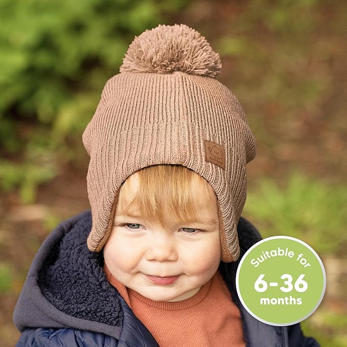 Baby Beanies, Baby Hats for Boys, Girls - Cute Toddler Winter Hat, Soft & Stretchy Beanies for Infant, Newborn 6-36 months, Cozy & Warm with Earflap Muff & Pom (Dune)