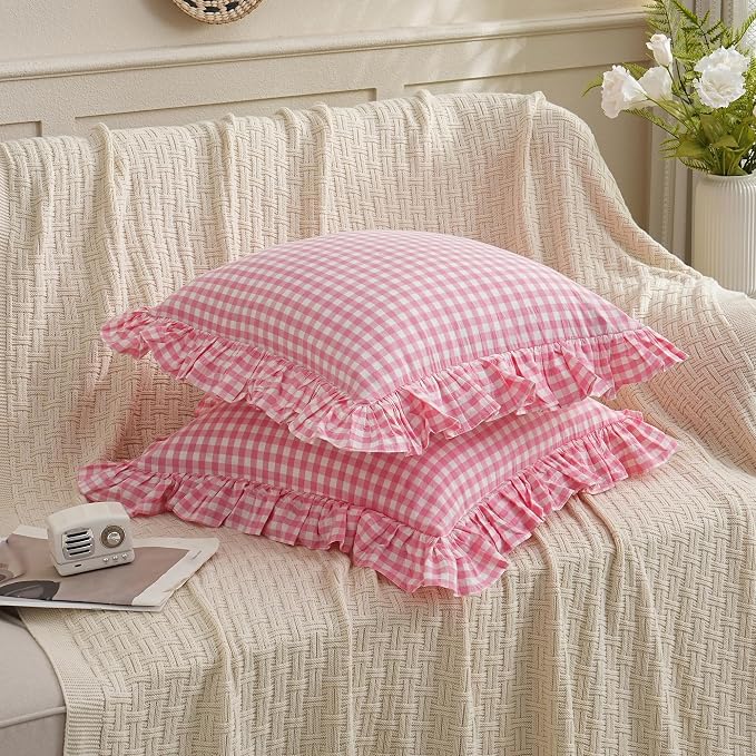 2 Pack Pink/White Plaid Ruffled Checkered Throw Pillow Cover 20 x20 inches - Image 4
