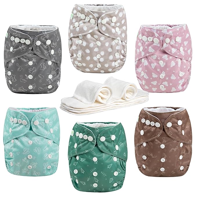 Wegreeco Cloth Diapers 6 Pack with Inserts & Wet Bag, Washable Reusable Diapers for Babies, One Size Adjustable (Palm)