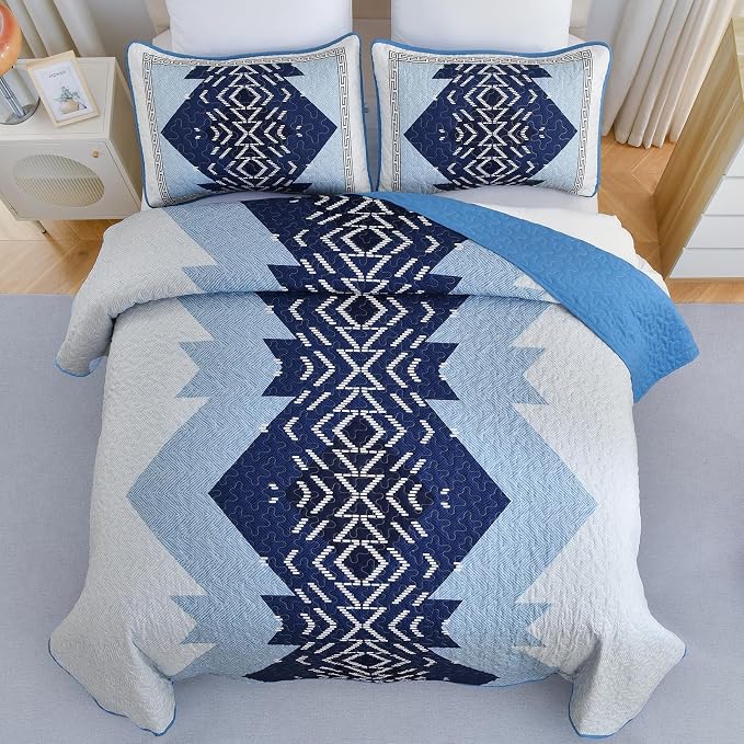 Dintszyayue Blue Quilt Set Queen Size, 3 Pieces Aztec Texture Bedding Coverlet - Image 2