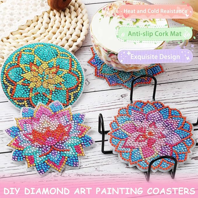 UPINS 8Pcs Lotus Diamond Art Painting Coasters Kits - Image 5
