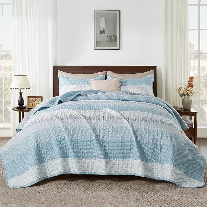 Andency Queen Quilt Bedding Set Aqua Blue, 3 Pieces Patchwork Summer Striped - Image 9