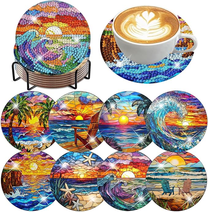 8 PCS Diamond Art Coasters Kits Sunset Beach Diamond Painting Coaster | Diamond by Benjenes