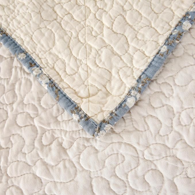 Quilt Set Blue Floral 3D Embroidery Pattern 2 PCS 100% Cotton Reversible - Image 5