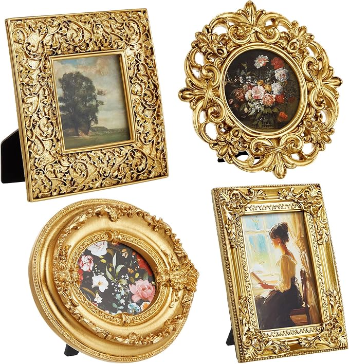 Qunclay Vintage Mini Picture Frames Set of 4, Round Rectangle Ornate Small by Qunclay