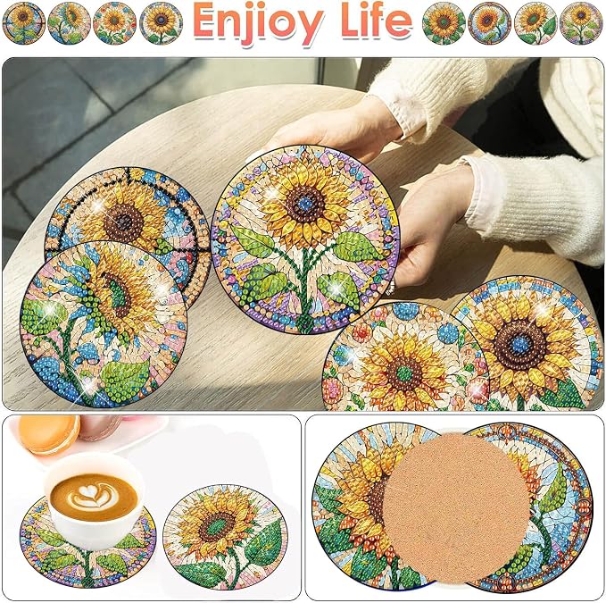 ijbnhd 8 PCS Sunflower Diamond Painting Coasters | Sunflower Diamond Art - Image 2