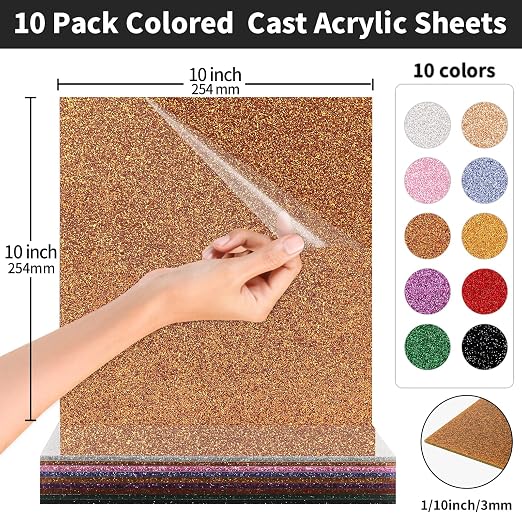 10 Pack Glitter Acrylic Sheets 10 x 10 inch 1/8" Thick 3mm | Cast Plexiglass - Image 7