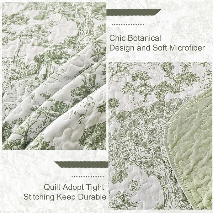 WONGS BEDDING Botanical Quilt Set King, Sage Green 3 Pieces Toile Floral Plants - Image 5
