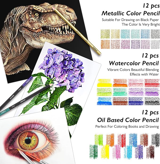 Caliart 176PCS Art Supplies Sketching Kit, 100 Sheets 3-Color Sketch Book | - Image 3