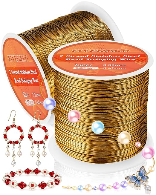 FIVEIZERO 656FT 0.38mm Gold 7 Strand Stainless Steel Beading Wire, 2 Rolls by FIVEIZERO