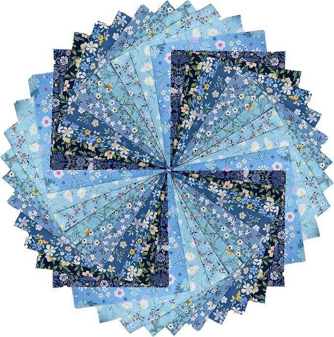 HANPATQUI 50PCS 5 x 5 inch Blue Printed 100% Cotton Fat Quarters Fabric by HANPATQUI