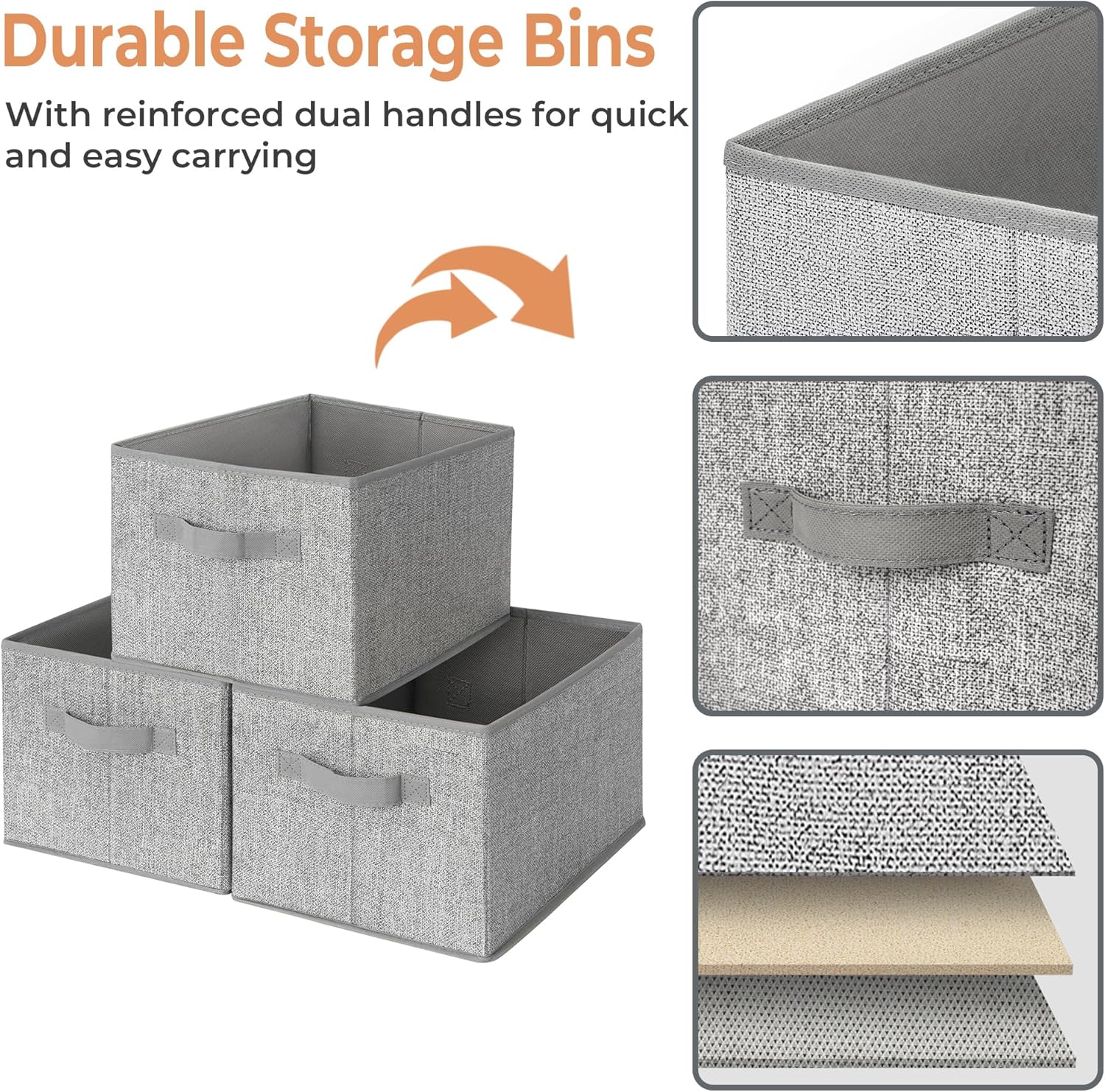 GRANNY SAYS Storage Baskets for Shelves, Fabric Storage Bins with Handles, Collapsible Storage Boxes, Closet Storage Bins, Organizers and Storage, Gray, Large, 3-Pack