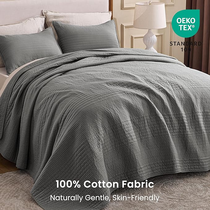 Love's cabin Queen Size Cotton Quilt Set, 100% Cotton Fabric Striped Textured - Image 2