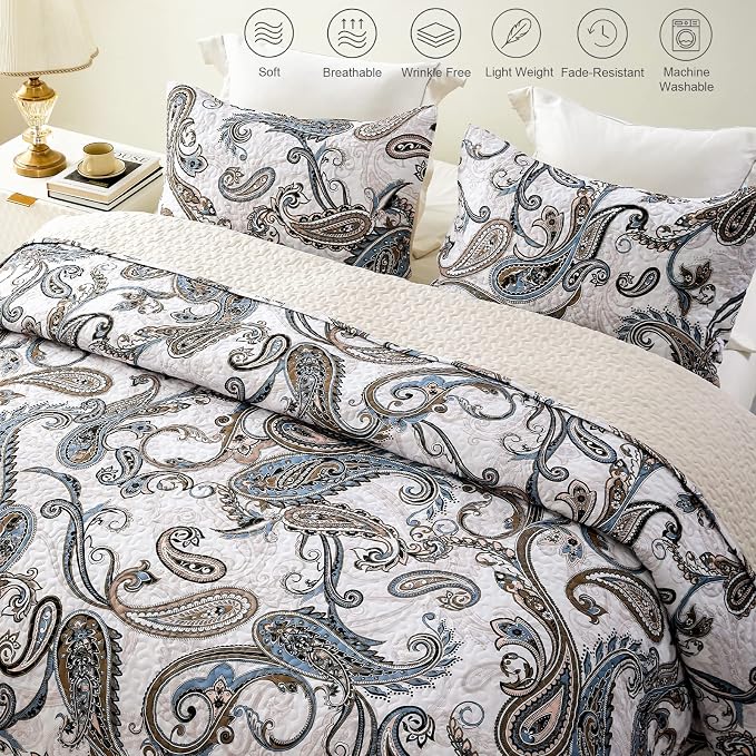 Whale Flotilla Reversible Printed Quilts Queen Size, Extra Soft Boho Paisley - Image 3