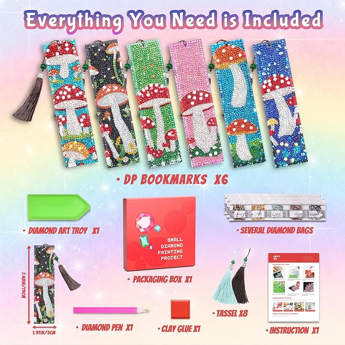 6PC Diamond Art Bookmarks Mushroom DIY Rhinestone Painting Book Marks | Diamond - Image 5