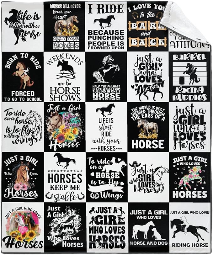 Horse Blanket for Boys Girls, Black White Kids Throw Blanket Gift for Child, Fluffy Cozy Soft Lightweight Blankets for Bed Office, 40x50 Inches