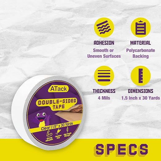 ATack Double Sided Tape Clear 1.5''x30 Yards Wall Safe Heavy-Duty Transparent - Image 2