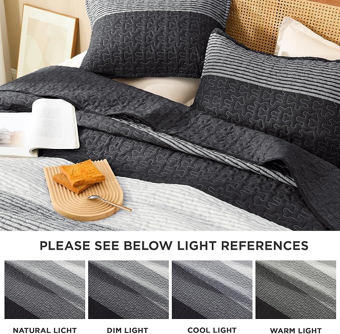 Litanika Oversized Queen Quilt Set Black and White, 98x98 Stripe Bedspread - Image 6