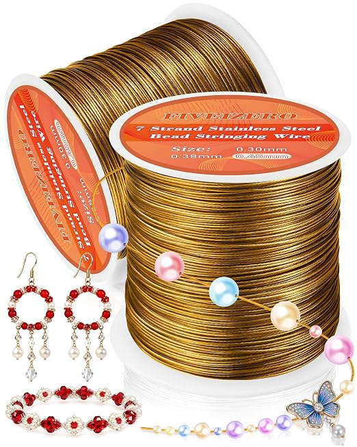 FIVEIZERO 656FT 0.45mm Gold 7 Strand Stainless Steel Beading Wire, 2 Rolls by FIVEIZERO