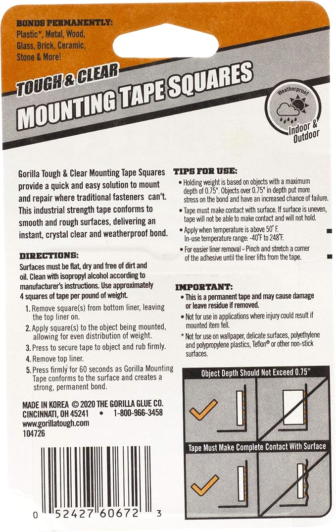 Gorilla Tough & Clear Double Sided Tape Squares, 24 1" Pre-Cut Mounting Squares - Image 2
