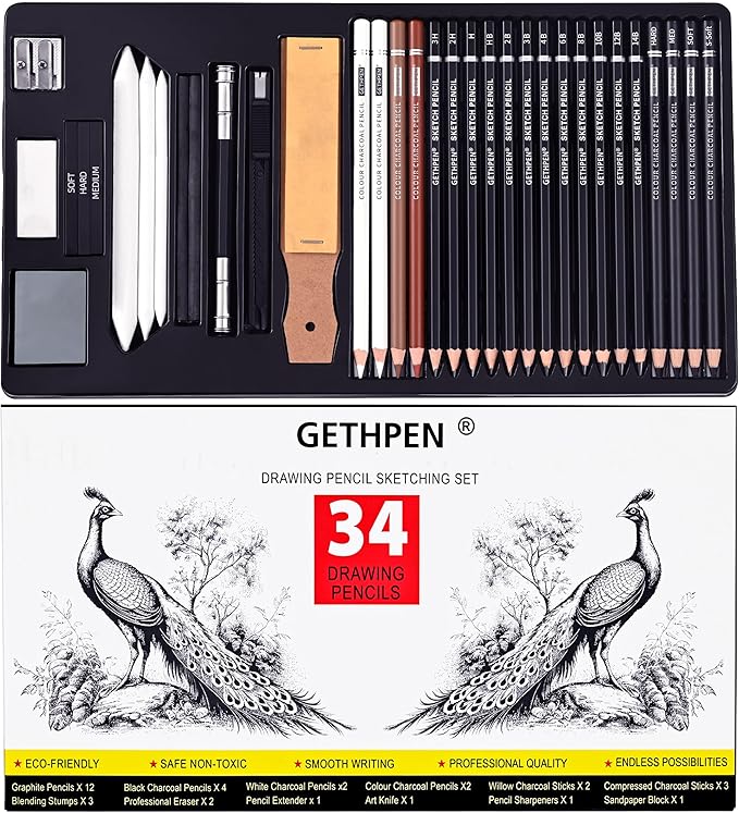 GETHPEN 34Pcs Sketch Drawing Kit, Graphite 14B-4H Charcoal Pencils Sticks | by GETHPEN