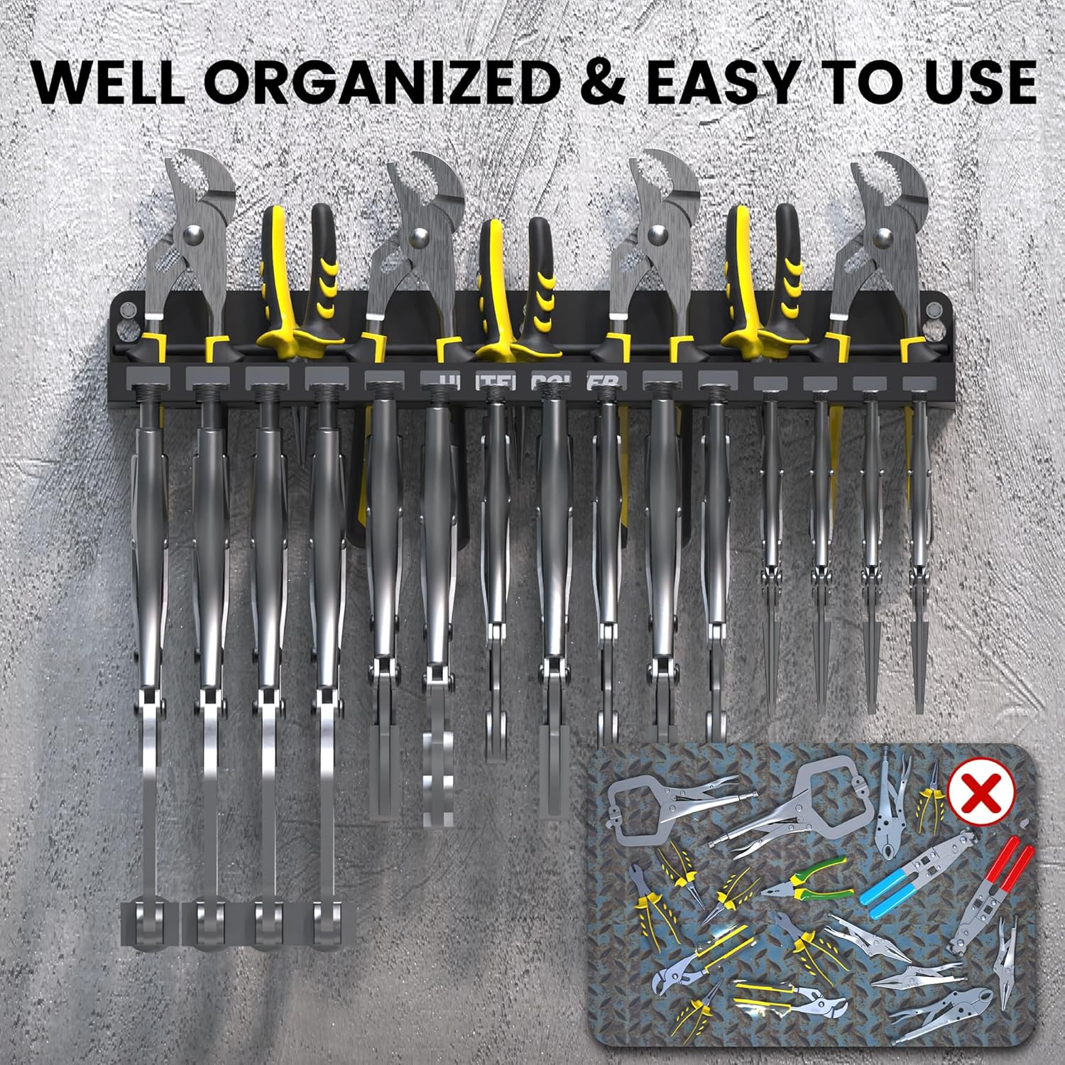 UNITEDPOWER Vise Grip Holder, Wall Mount Pliers Storage Rack Organizer for Workshop, Shed, Garage, Stores up to 15 Vises or 11 Pliers