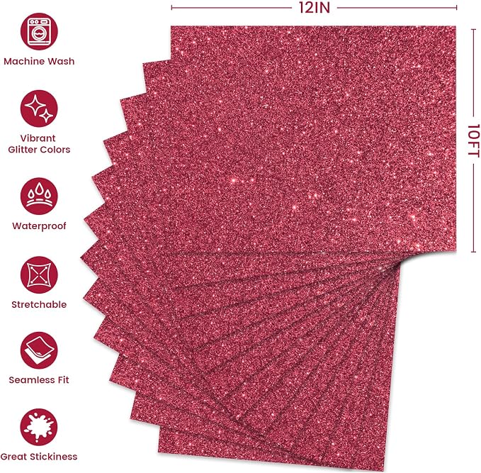 Glitter HTV Heat Transfer Vinyl, Hot Pink 12pcs 12" x 10" Iron-on Vinyl | Iron - Image 2