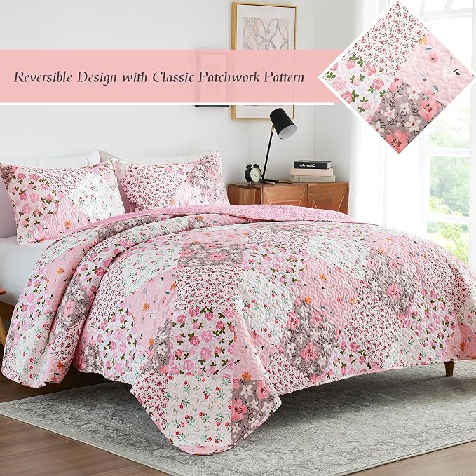 Whale Flotilla Patchwork Quilt Twin Size, Extra Soft Boho Floral Bedspreads - Image 2