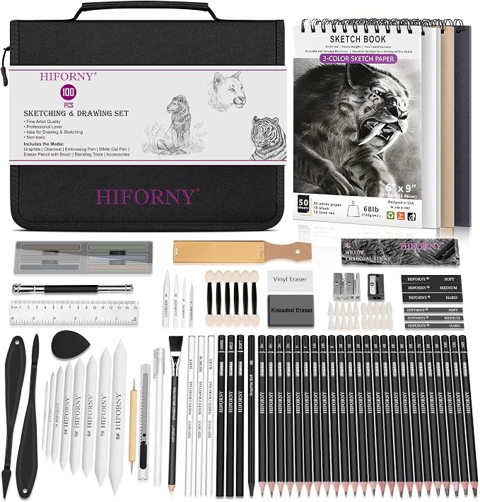 HIFORNY 100 PCS Drawing Set Sketching Kit, Sketch Pencils Art Supplies by HIFORNY