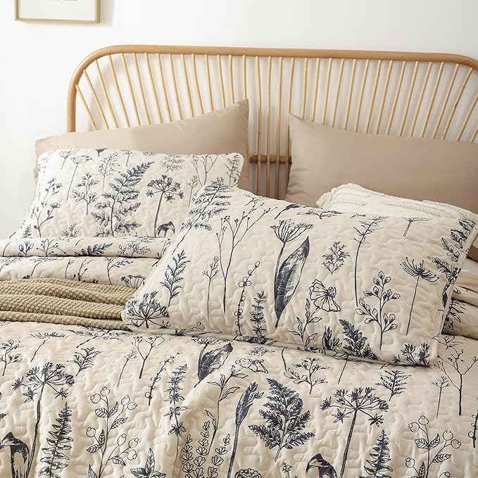 JANZAA Quilts Queen Size Beige Quilt Botanical - Image 3