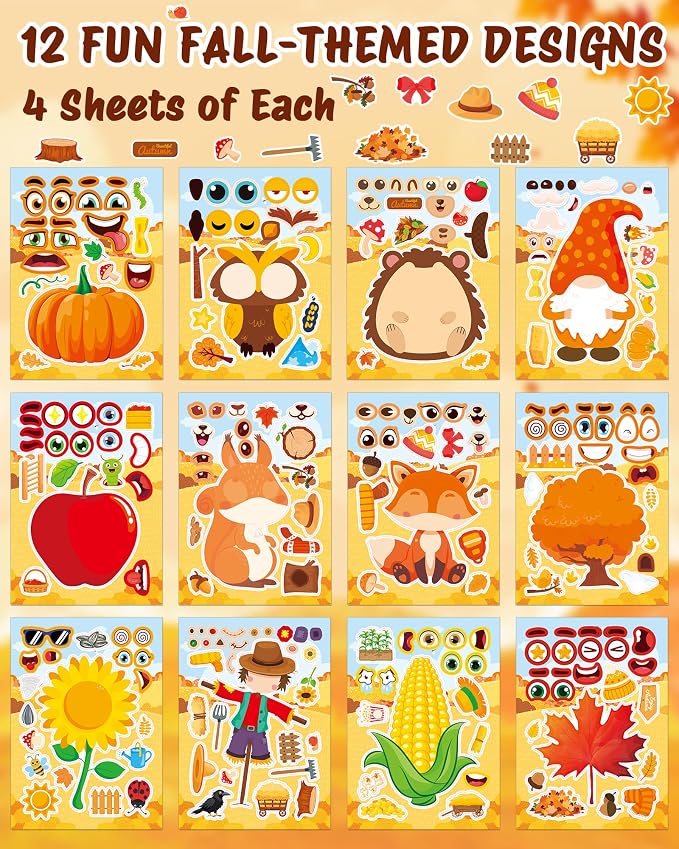 Aowplc 48 Sheets Fall Make a Face Stickers, 12 Designs Fun Fall Crafts - Image 2