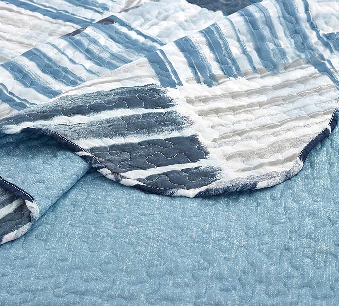 Brilliant Sunshine Blue and Grey Stripe Blocks Patchwork, 2-Piece Quilt Set - Image 5