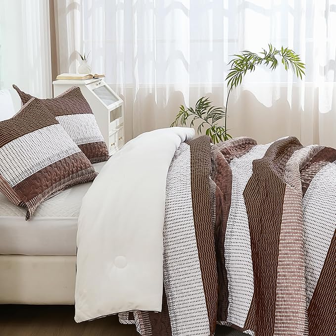 Andency King Size Quilt Set Brown, 3 Pieces Coffee Ultra Soft Lightweight - Image 2