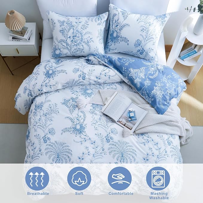 BOLINLIVING Floral Duvet Cover Queen Size 3 Pieces, Flower Duvet Cover - Image 4