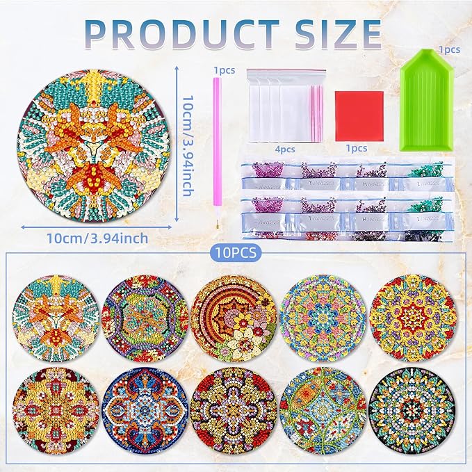 EWJRNSF 10 PCS Mandala Diamond Art Coasters Kit - Image 2