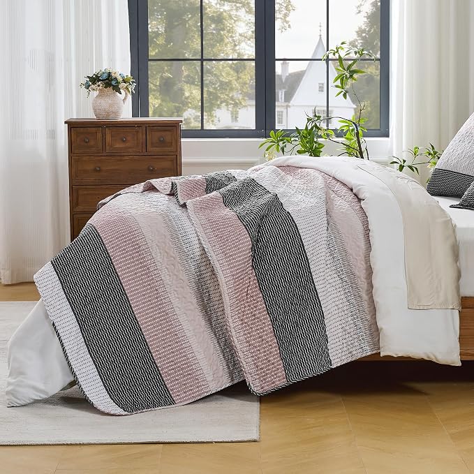 Andency King Size Quilt Set Grey Pink, 3 Pieces Summer Ultra Soft Lightweight - Image 2