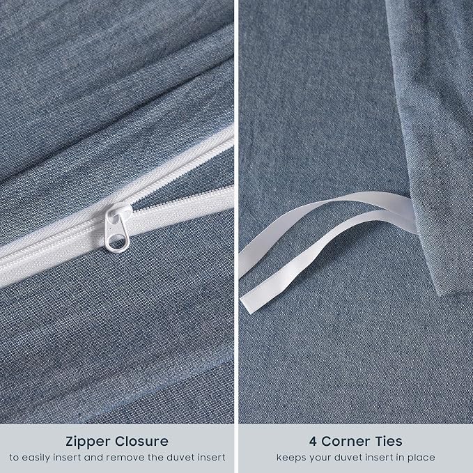 Wake In Cloud - Cotton Duvet Cover Set, King Size, Chambray Denim Blue - Image 7