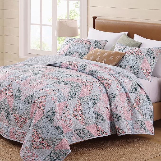 BLOOMHAVEN Quilt Set Queen Size, Patchwork Pink Floral Quilt Sets, Reversible - Image 7