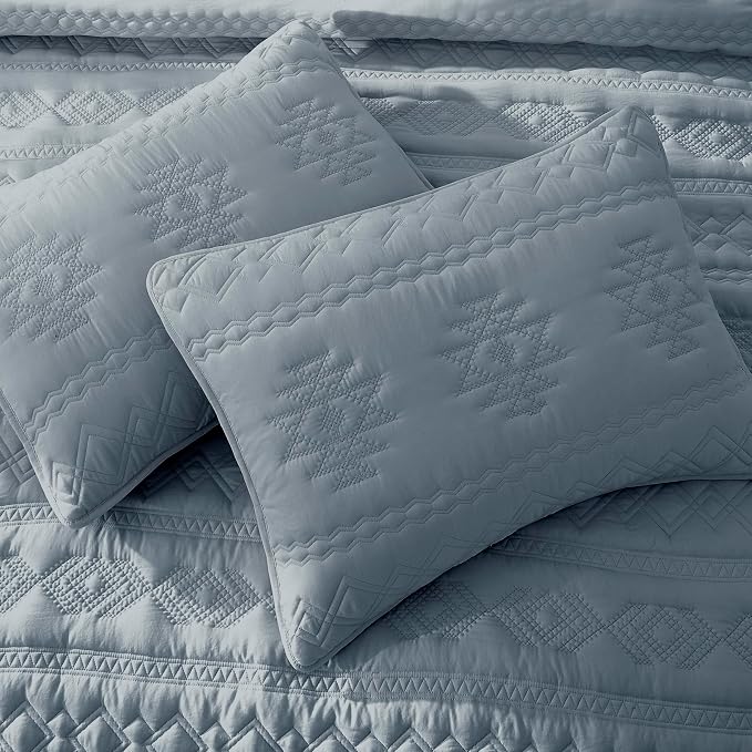 WDCOZY Boho Blue Grey Quilts Queen Size Bedding Sets - Image 4