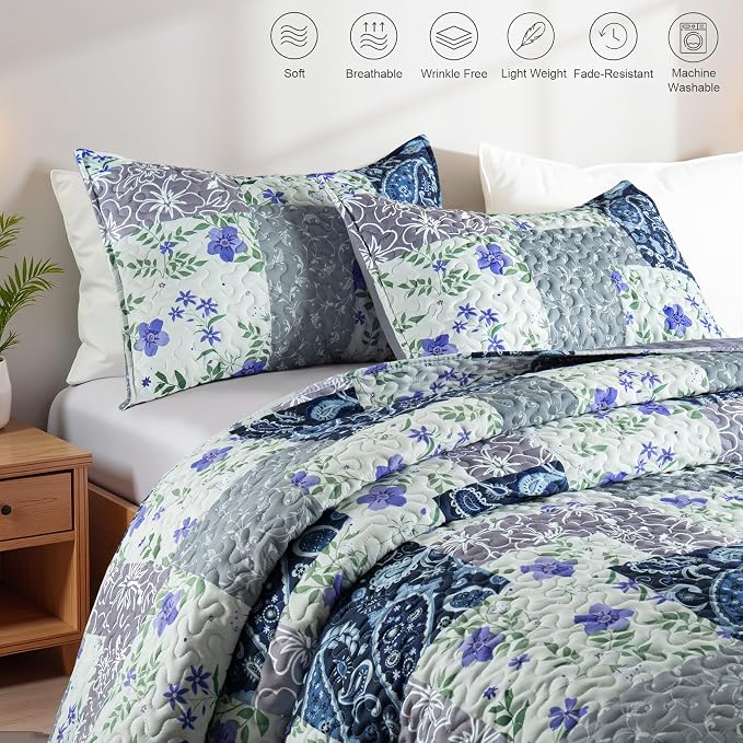 Whale Flotilla Patchwork Quilts Queen Size, Soft Boho Floral Bedspreads - Image 3