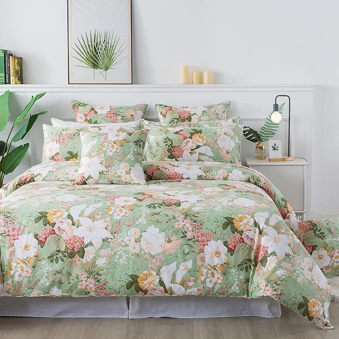 FADFAY Mint Green Floral Duvet Cover Set 100% Cotton Farmhouse Bedding Elegant by CottonWorldSweetDream